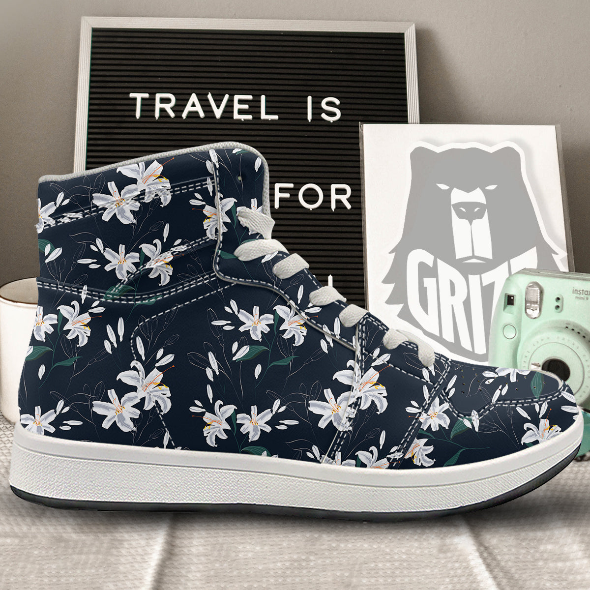 White Lily Black Print Pattern High Top Sneakers-grizzshop