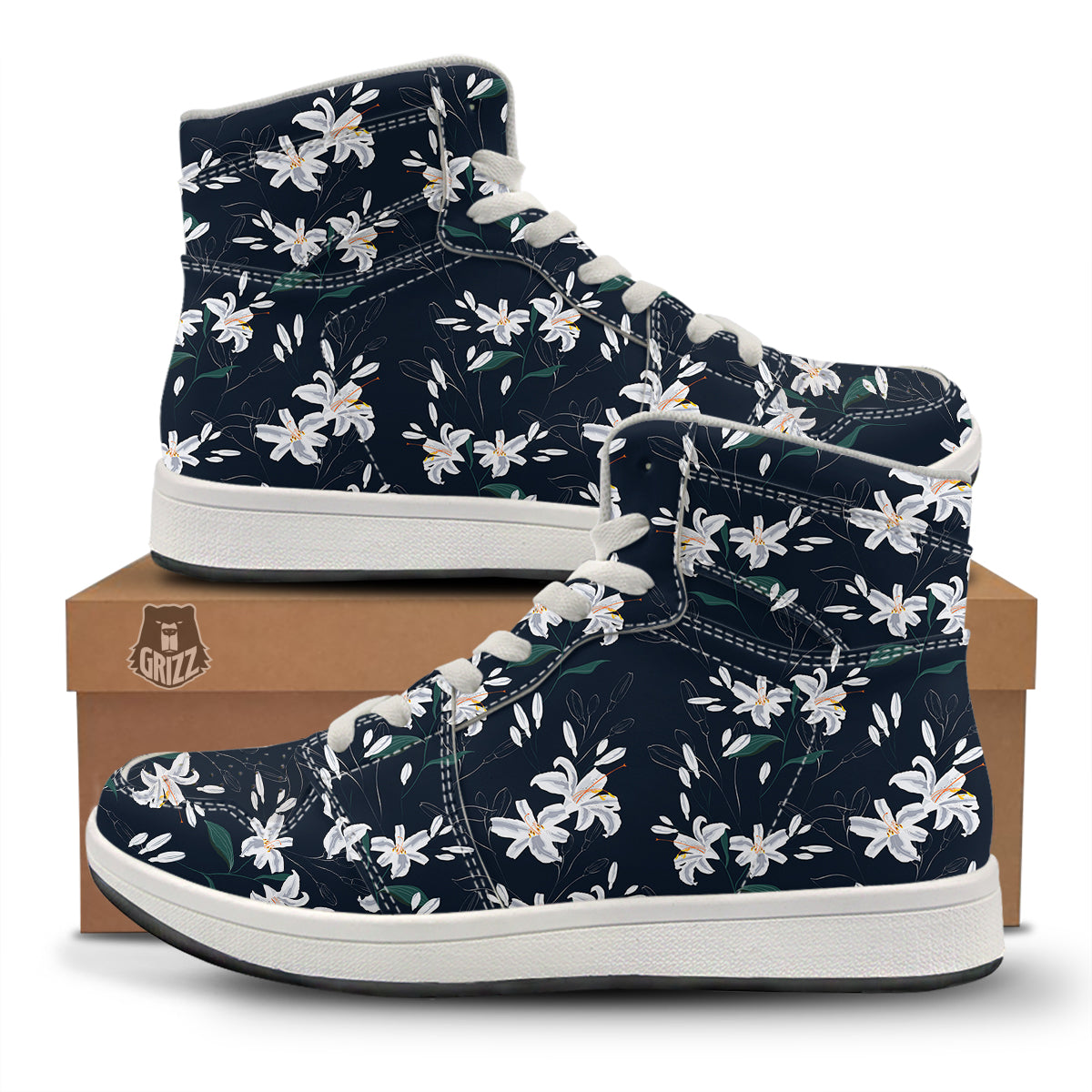 White Lily Black Print Pattern High Top Sneakers-grizzshop
