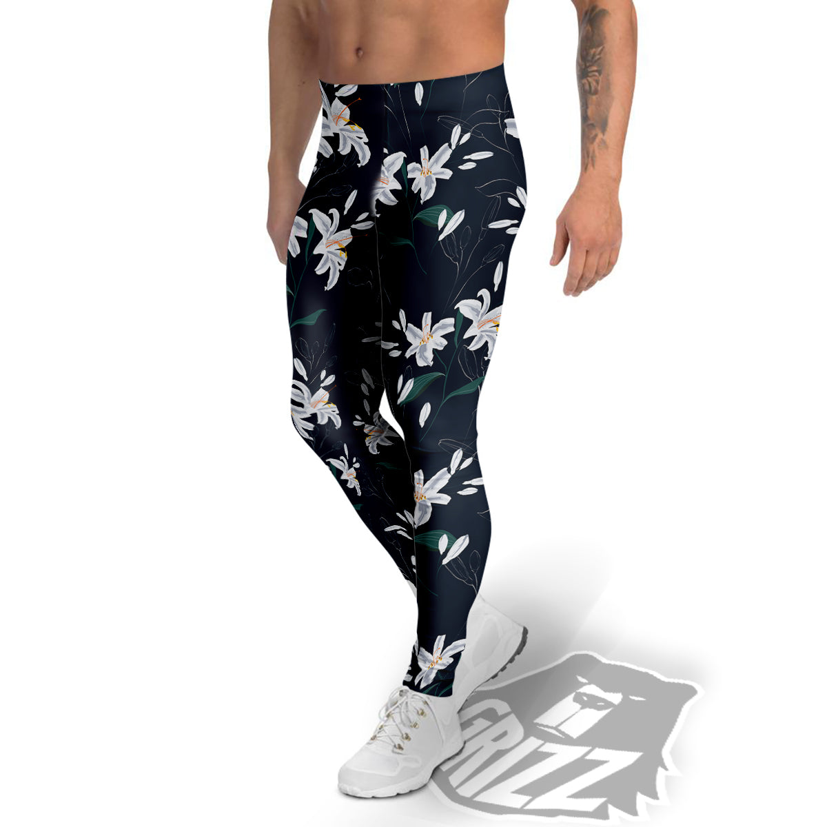 White Lily Black Print Pattern Men's Leggings-grizzshop