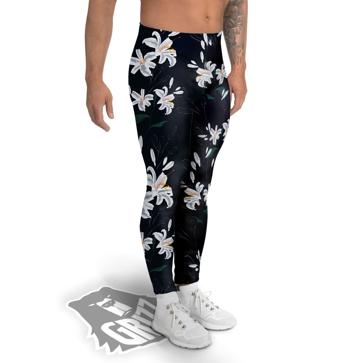 White Lily Black Print Pattern Men's Leggings-grizzshop