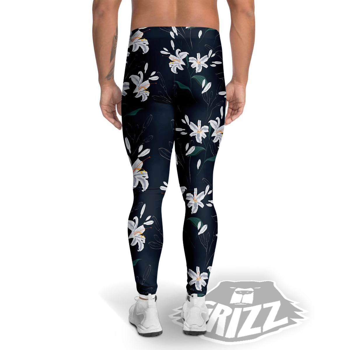 White Lily Black Print Pattern Men's Leggings-grizzshop