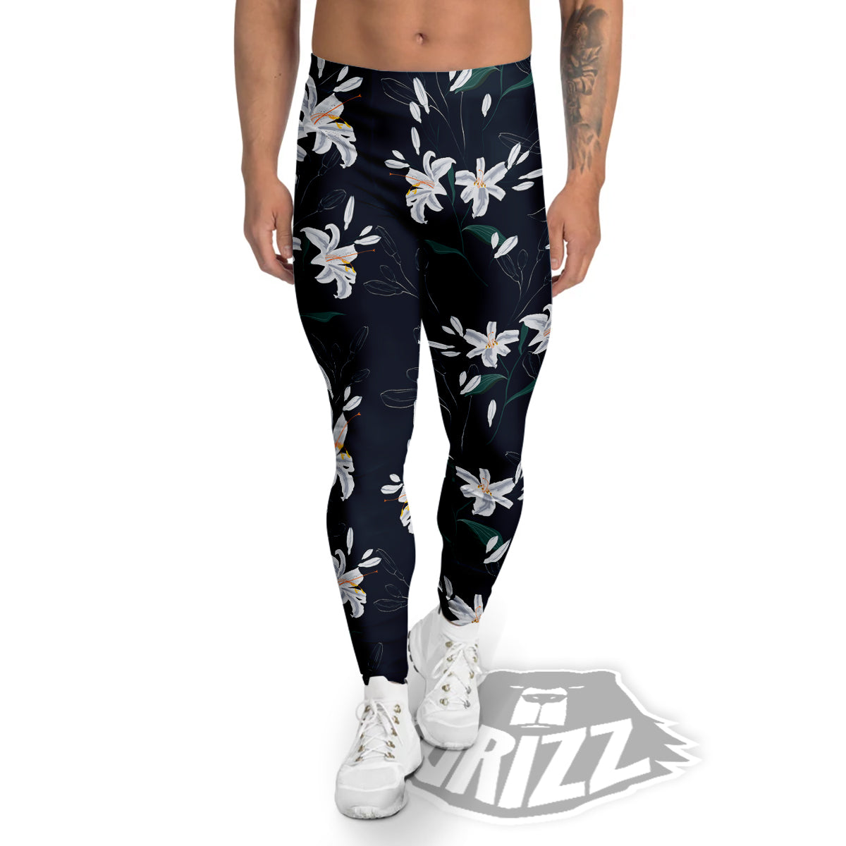 White Lily Black Print Pattern Men's Leggings-grizzshop