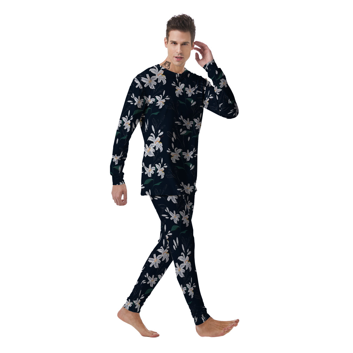 White Lily Black Print Pattern Men's Pajamas-grizzshop