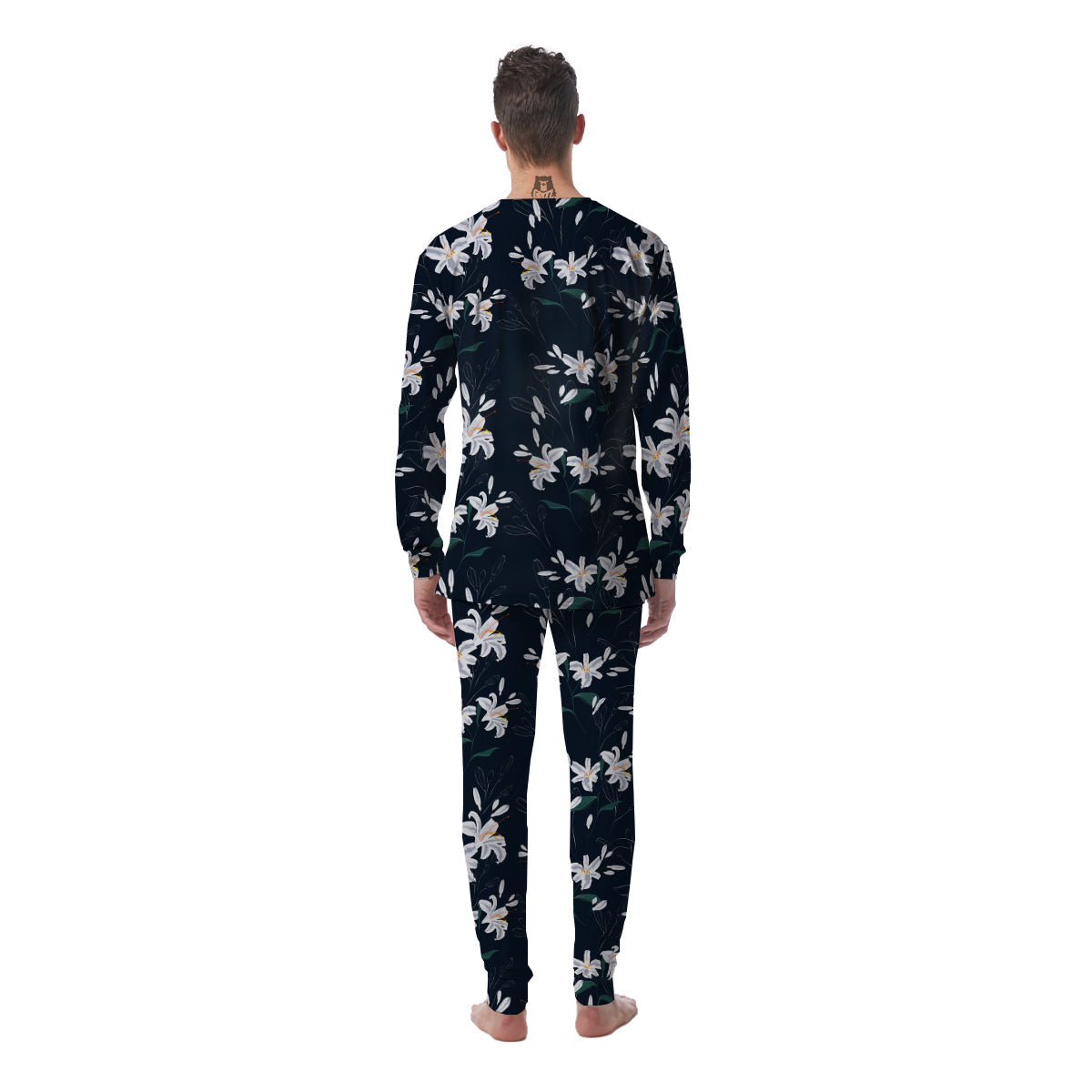 White Lily Black Print Pattern Men's Pajamas-grizzshop