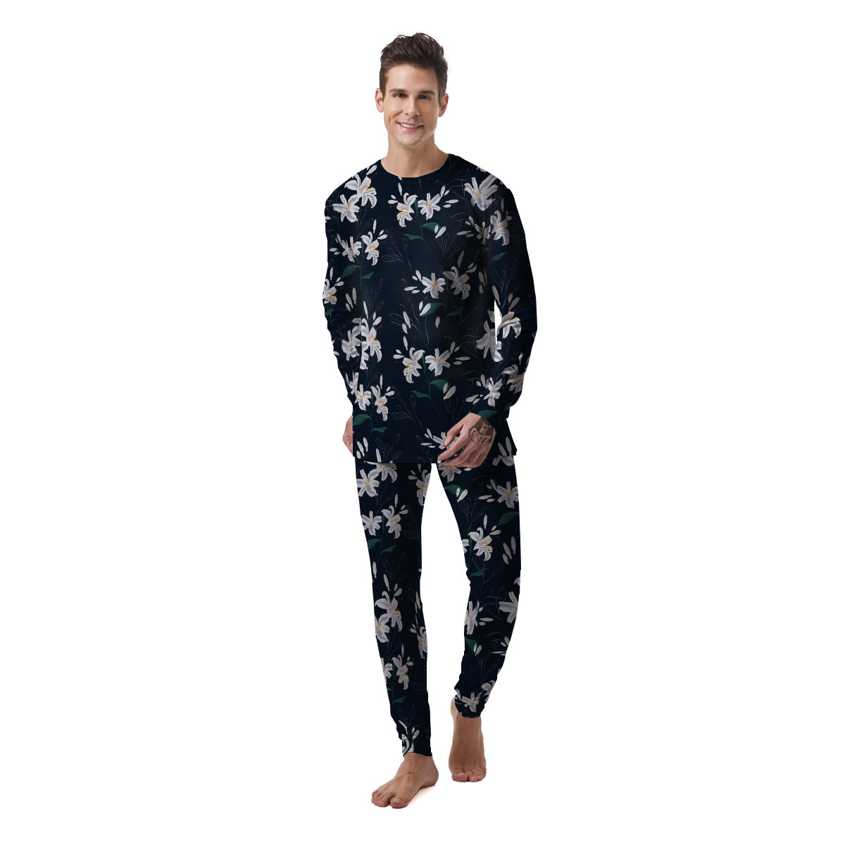 White Lily Black Print Pattern Men's Pajamas-grizzshop