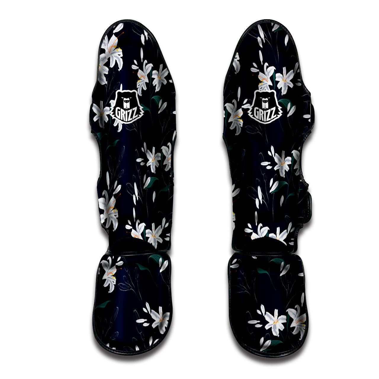 White Lily Black Print Pattern Muay Thai Shin Guards-grizzshop