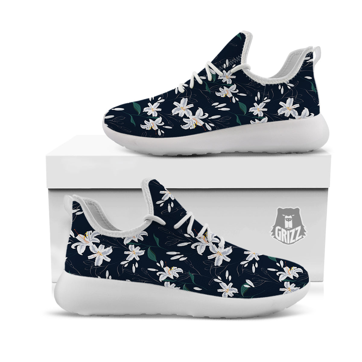White Lily Black Print Pattern White Athletic Shoes-grizzshop