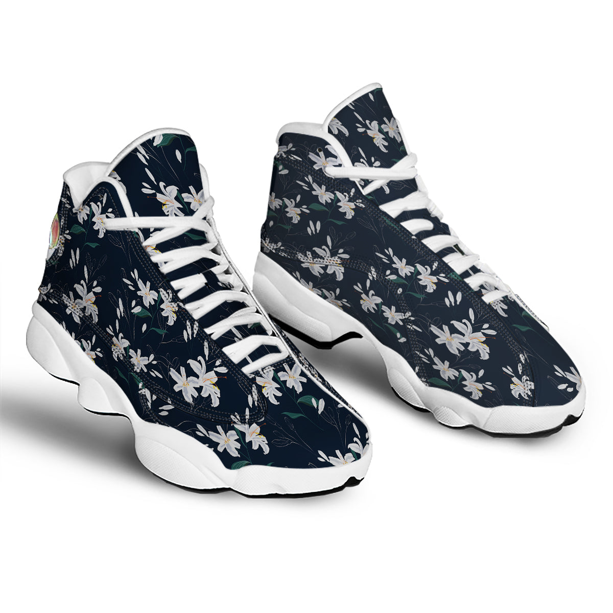 White Lily Black Print Pattern White Basketball Shoes-grizzshop
