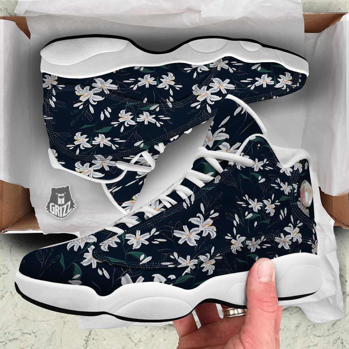 White Lily Black Print Pattern White Basketball Shoes-grizzshop