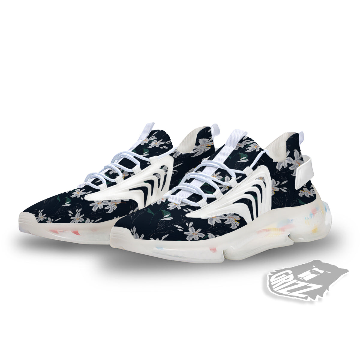 White Lily Black Print Pattern White Gym Shoes-grizzshop