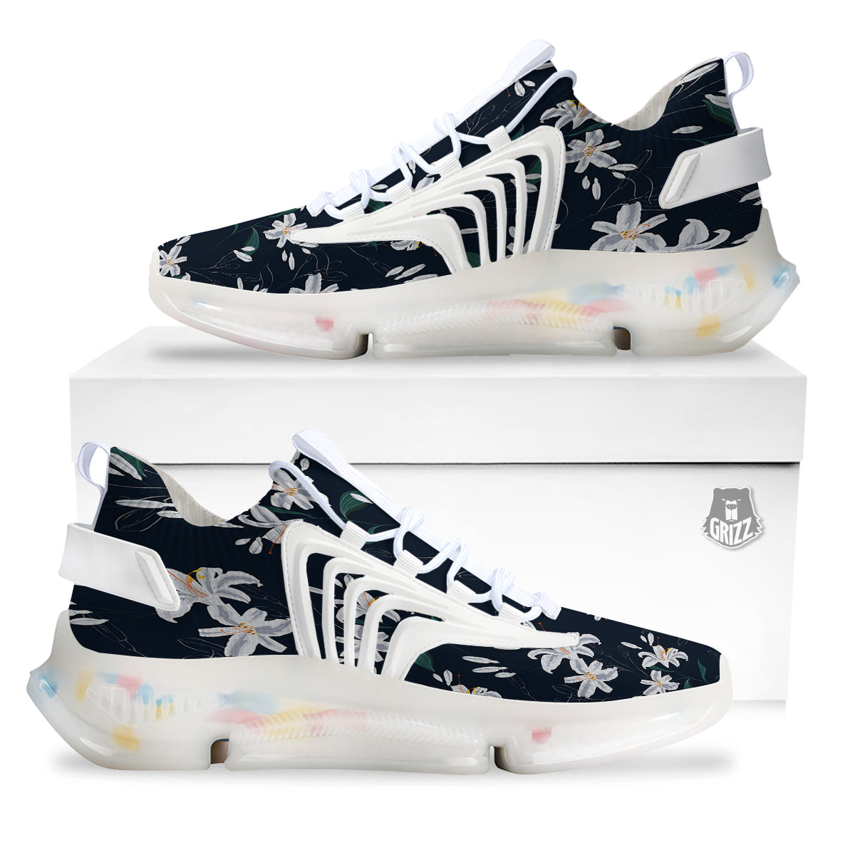 White Lily Black Print Pattern White Gym Shoes-grizzshop