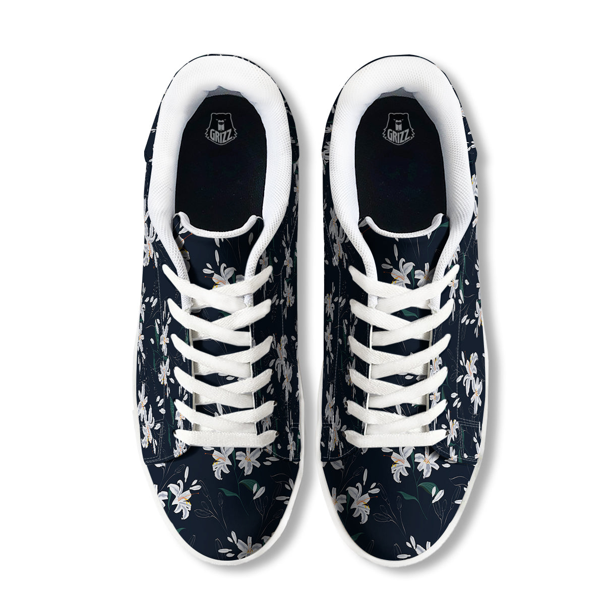 White Lily Black Print Pattern White Low Top Sneakers-grizzshop
