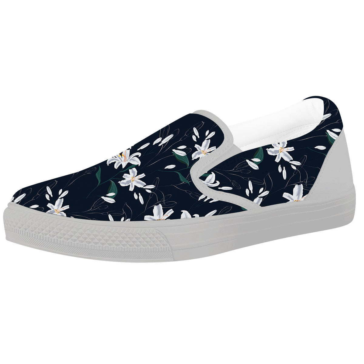 White Lily Black Print Pattern White Slip On Shoes-grizzshop