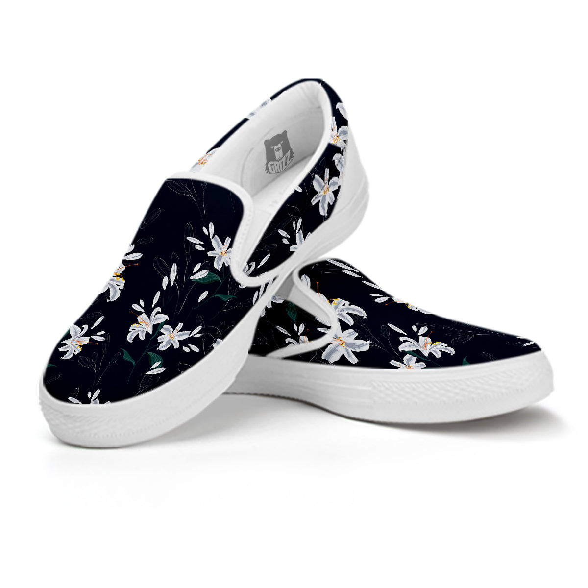 White Lily Black Print Pattern White Slip On Shoes-grizzshop