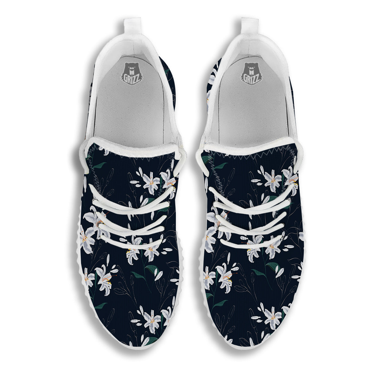 White Lily Black Print Pattern White Walking Shoes-grizzshop