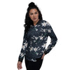 White Lily Black Print Pattern Women's Bomber Jacket-grizzshop