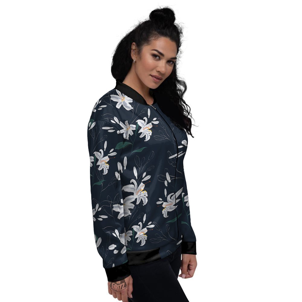 White Lily Black Print Pattern Women's Bomber Jacket-grizzshop