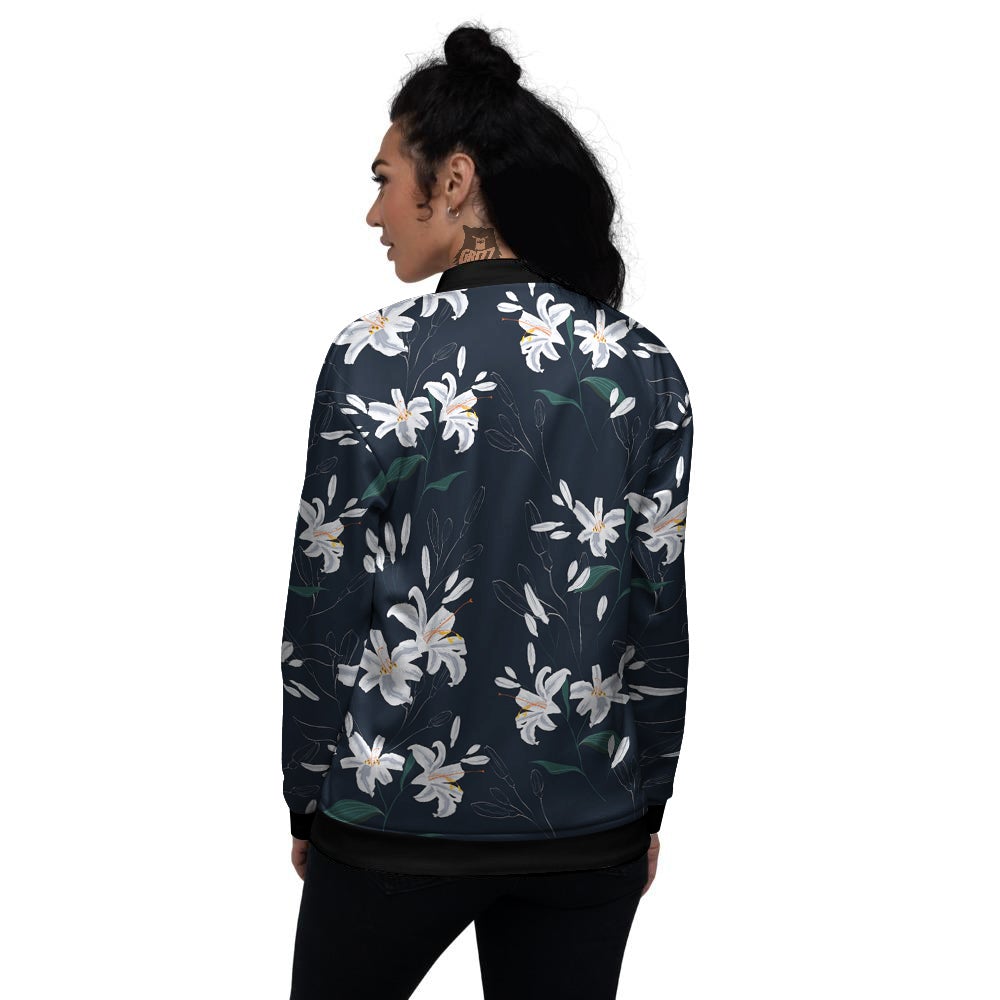 White Lily Black Print Pattern Women's Bomber Jacket-grizzshop