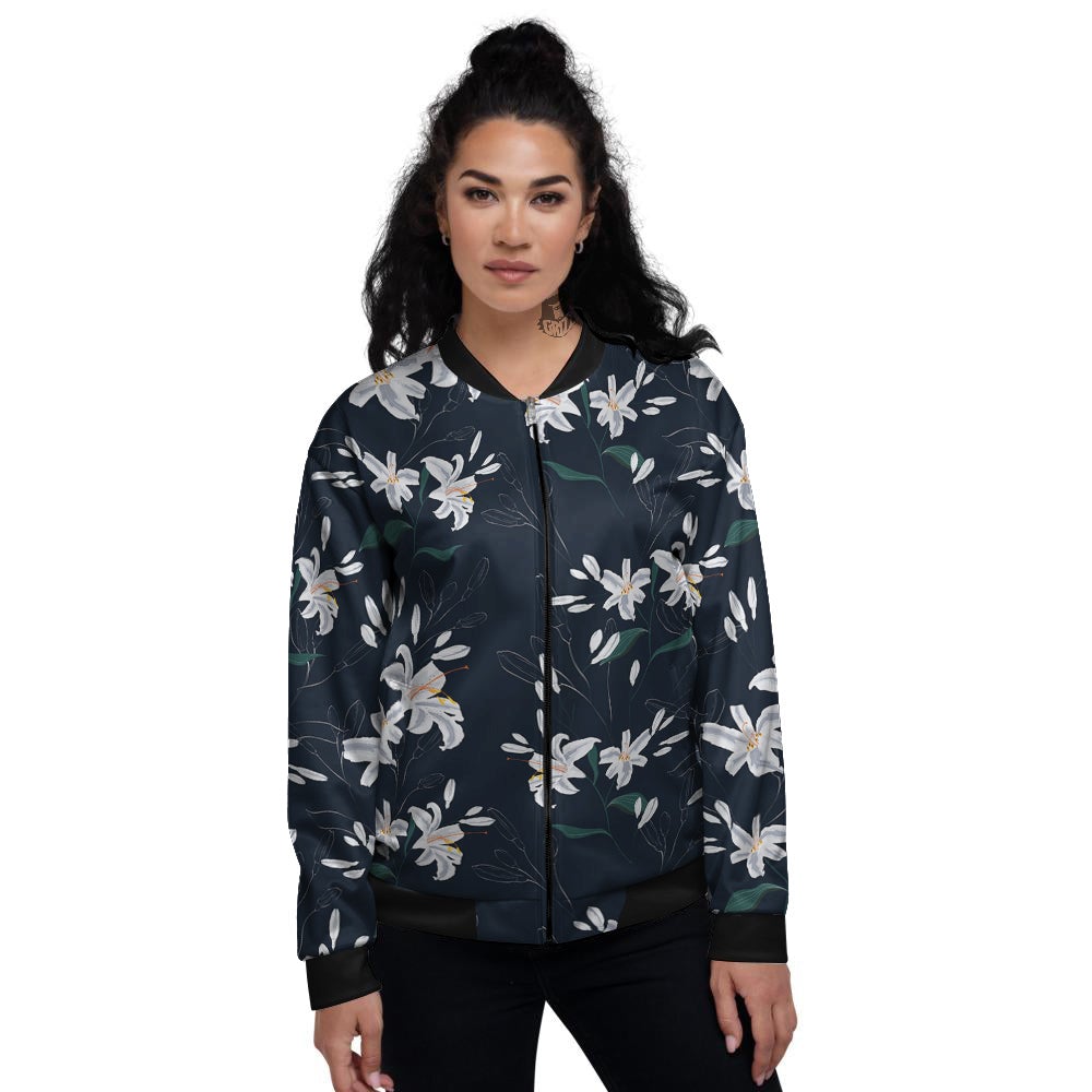 White Lily Black Print Pattern Women's Bomber Jacket-grizzshop