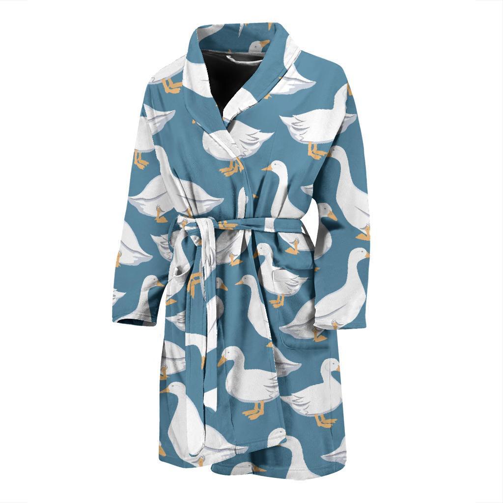 White Mallard Duck Pattern Print Men Long Robe-grizzshop
