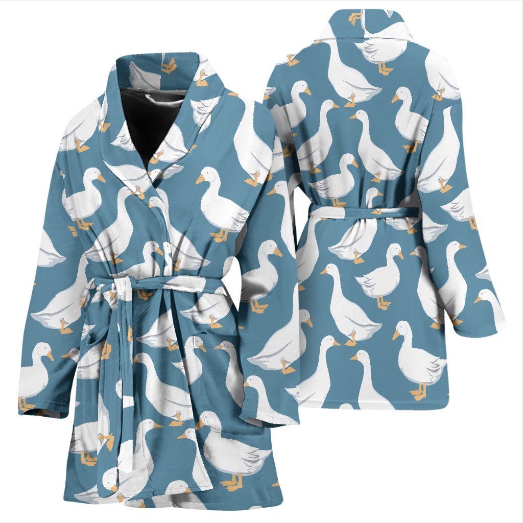 White Mallard Duck Pattern Print Women Long Robe-grizzshop