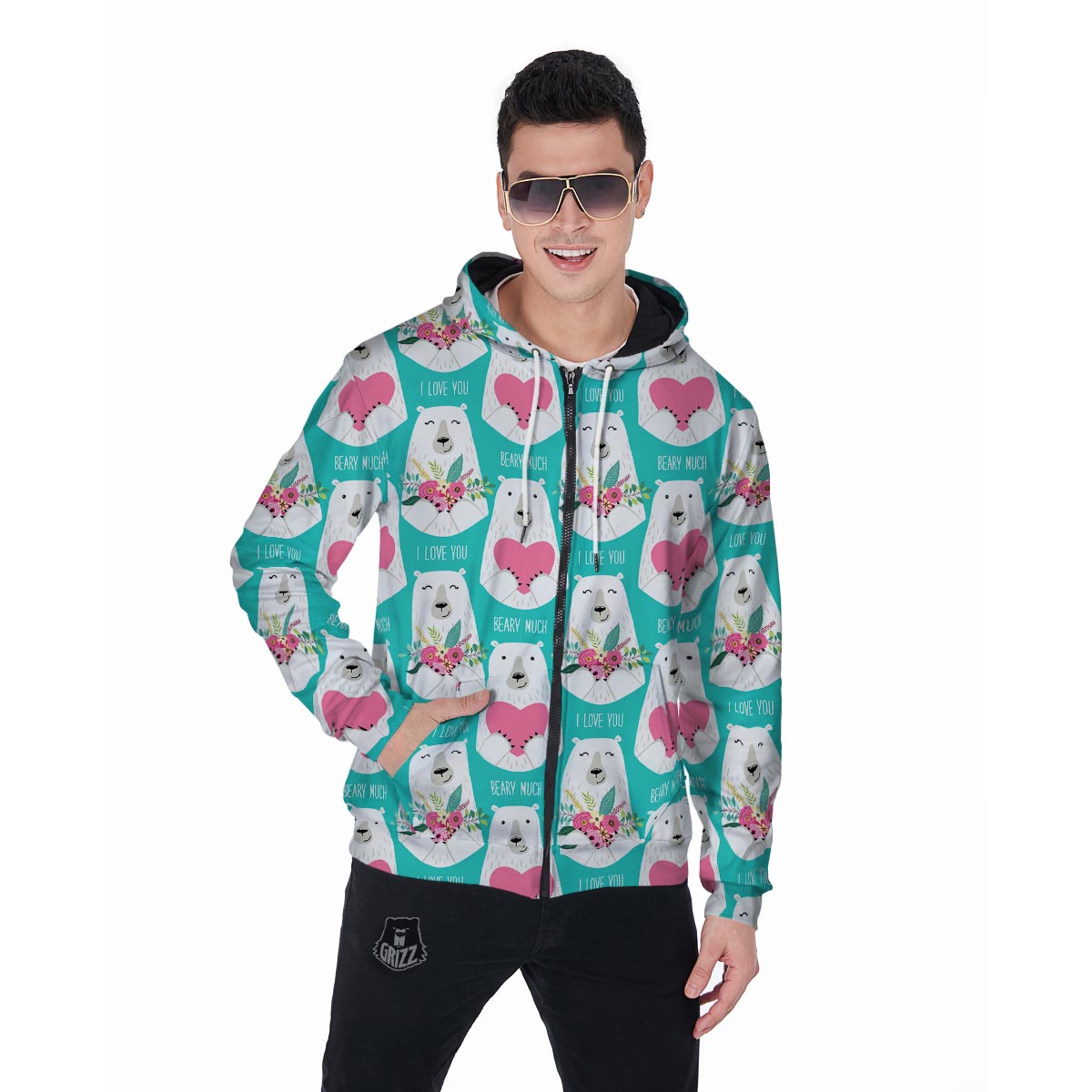 White Mama Bear Men's Zip Up Hoodie-grizzshop