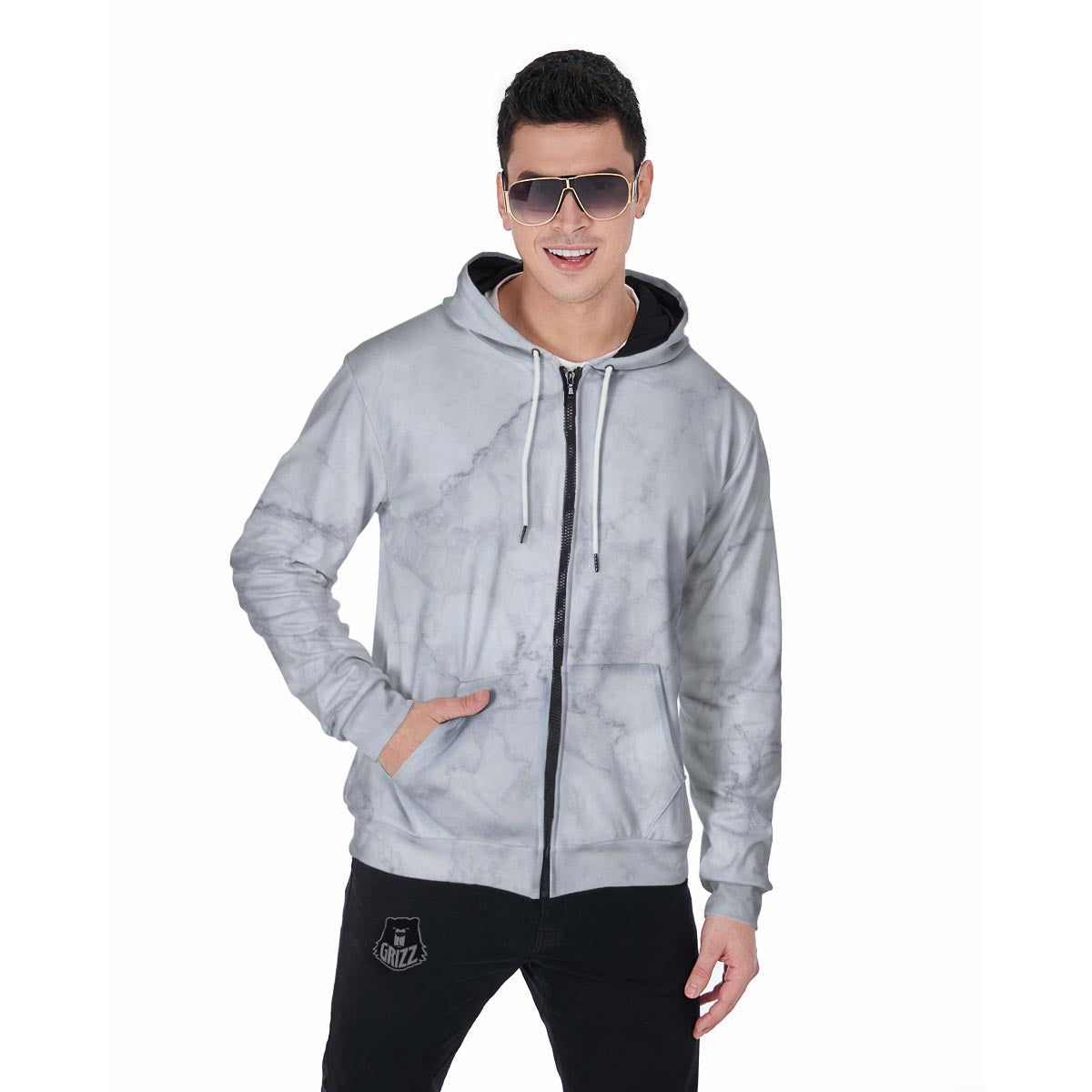 White Marble Men's Zip Up Hoodie-grizzshop