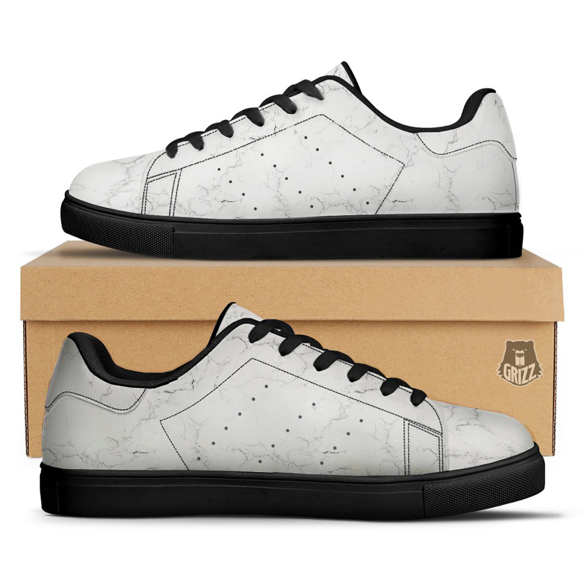 White Marble Pattern Black Low Top Sneakers-grizzshop