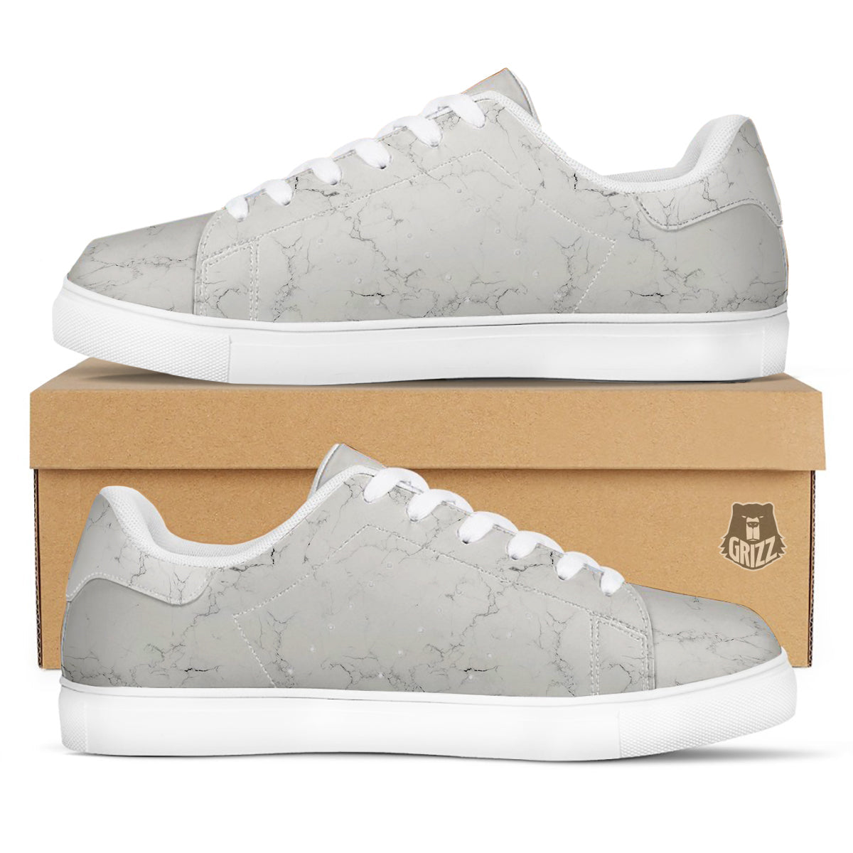 White Marble Pattern White Low Top Sneakers-grizzshop