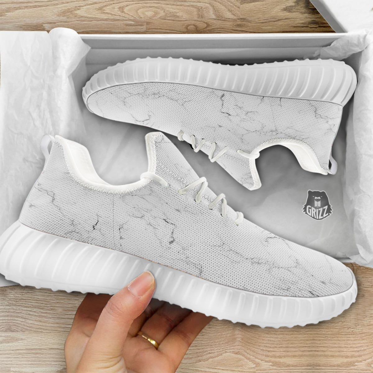 White Marble Pattern White Walking Shoes-grizzshop
