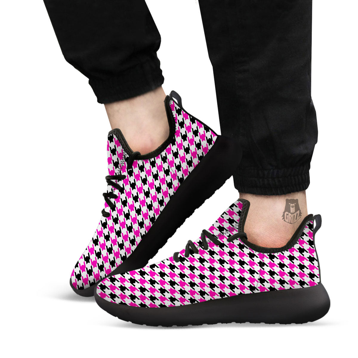 White Pink And Black Houndstooth Print Black Athletic Shoes-grizzshop