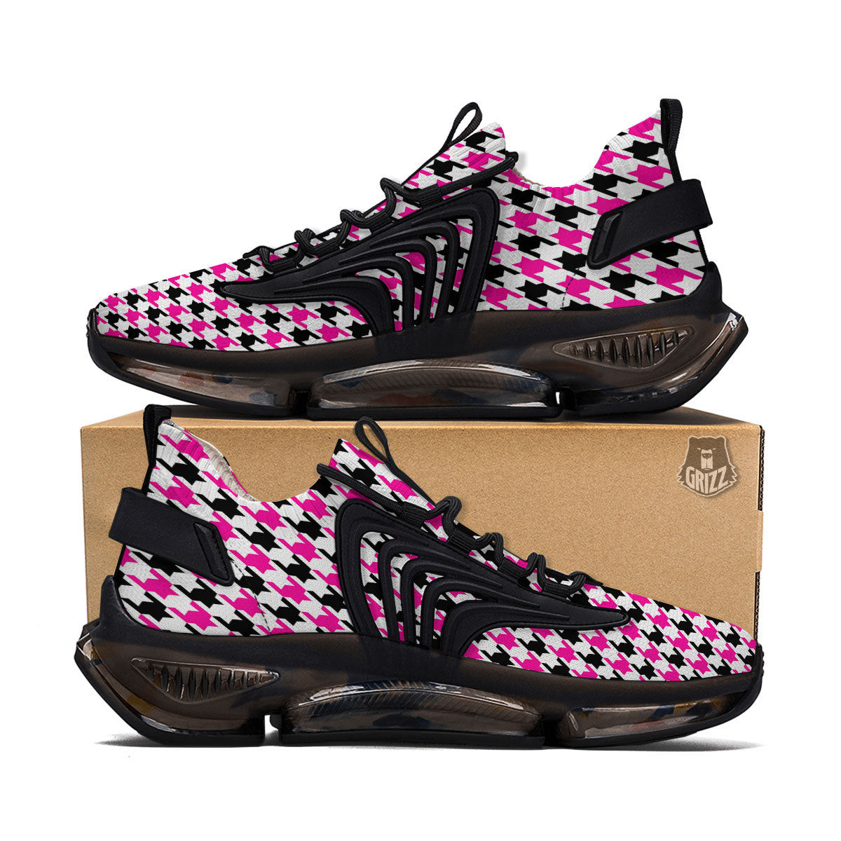 White Pink And Black Houndstooth Print Black Gym Shoes-grizzshop