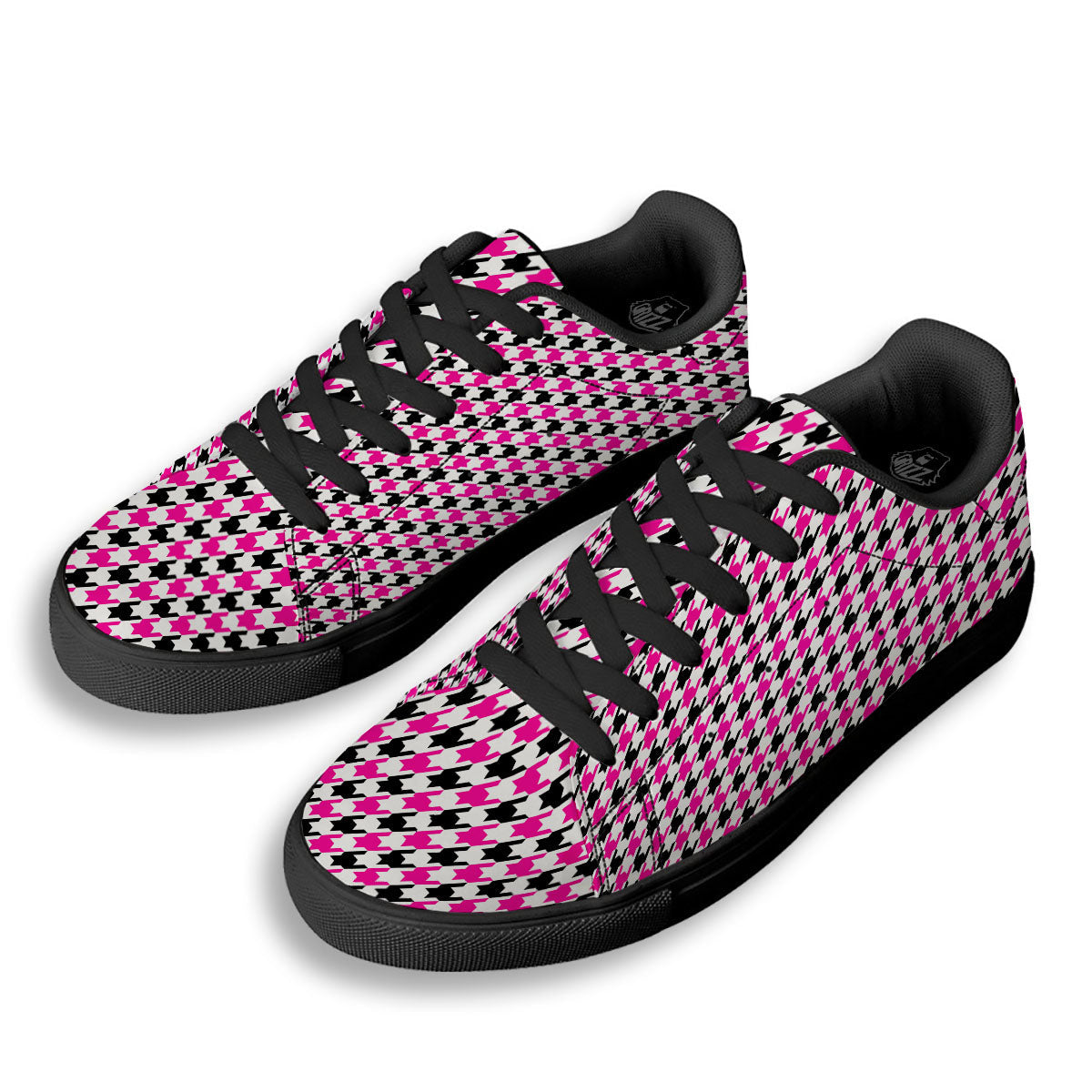 White Pink And Black Houndstooth Print Black Low Top Sneakers-grizzshop