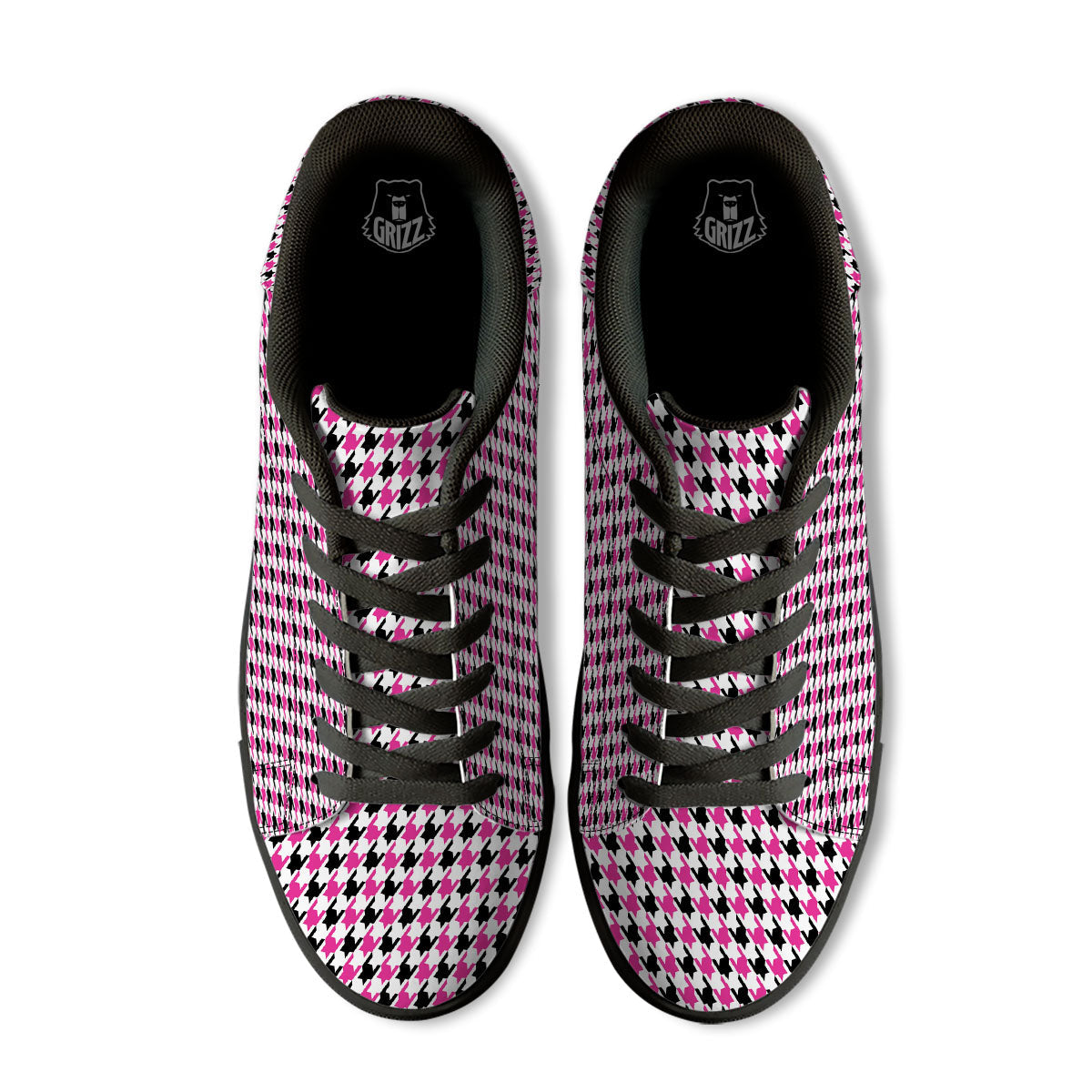 White Pink And Black Houndstooth Print Black Low Top Sneakers-grizzshop