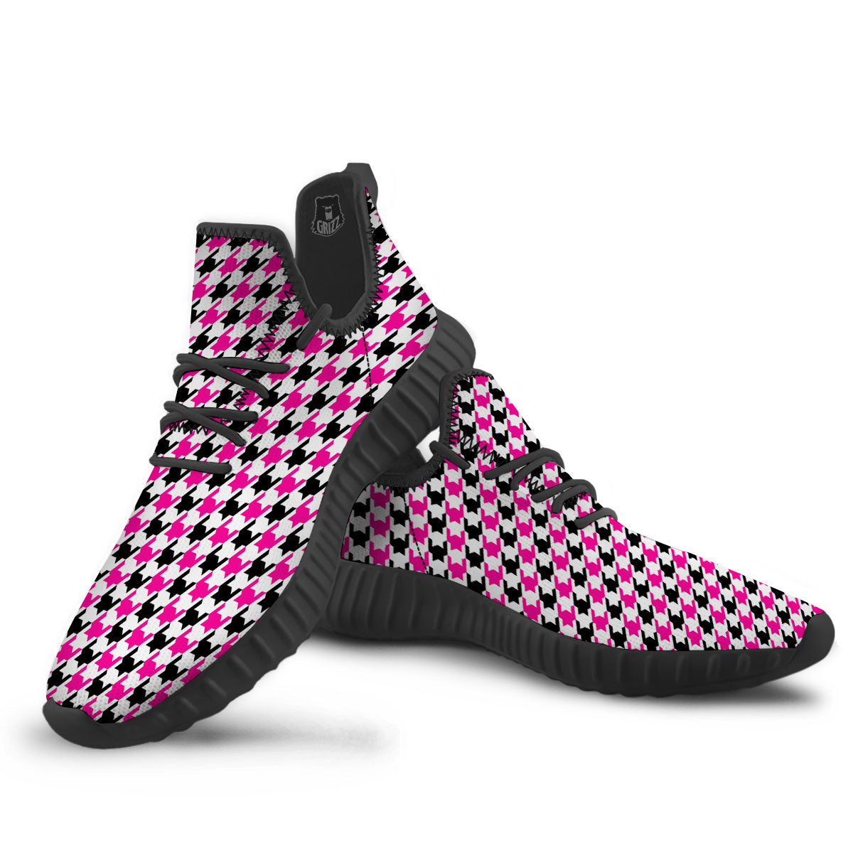 White Pink And Black Houndstooth Print Black Walking Shoes-grizzshop