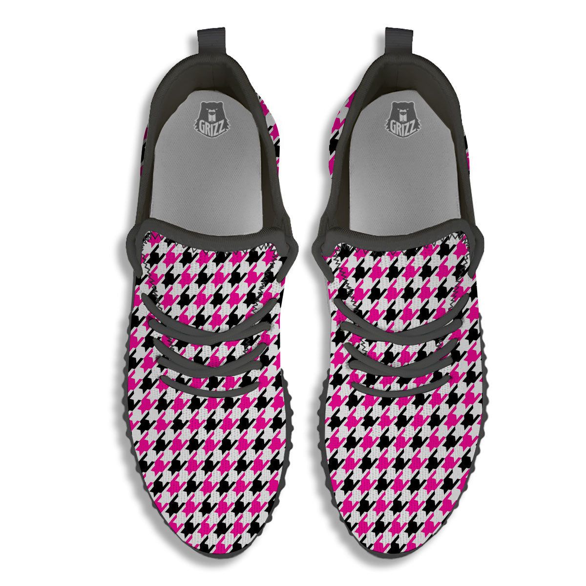 White Pink And Black Houndstooth Print Black Walking Shoes-grizzshop