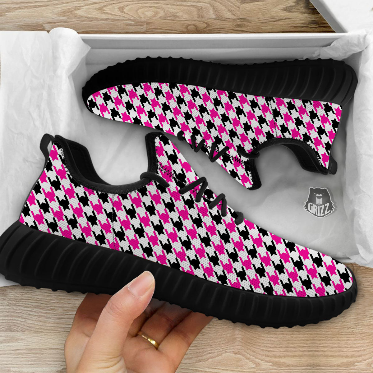 White Pink And Black Houndstooth Print Black Walking Shoes-grizzshop