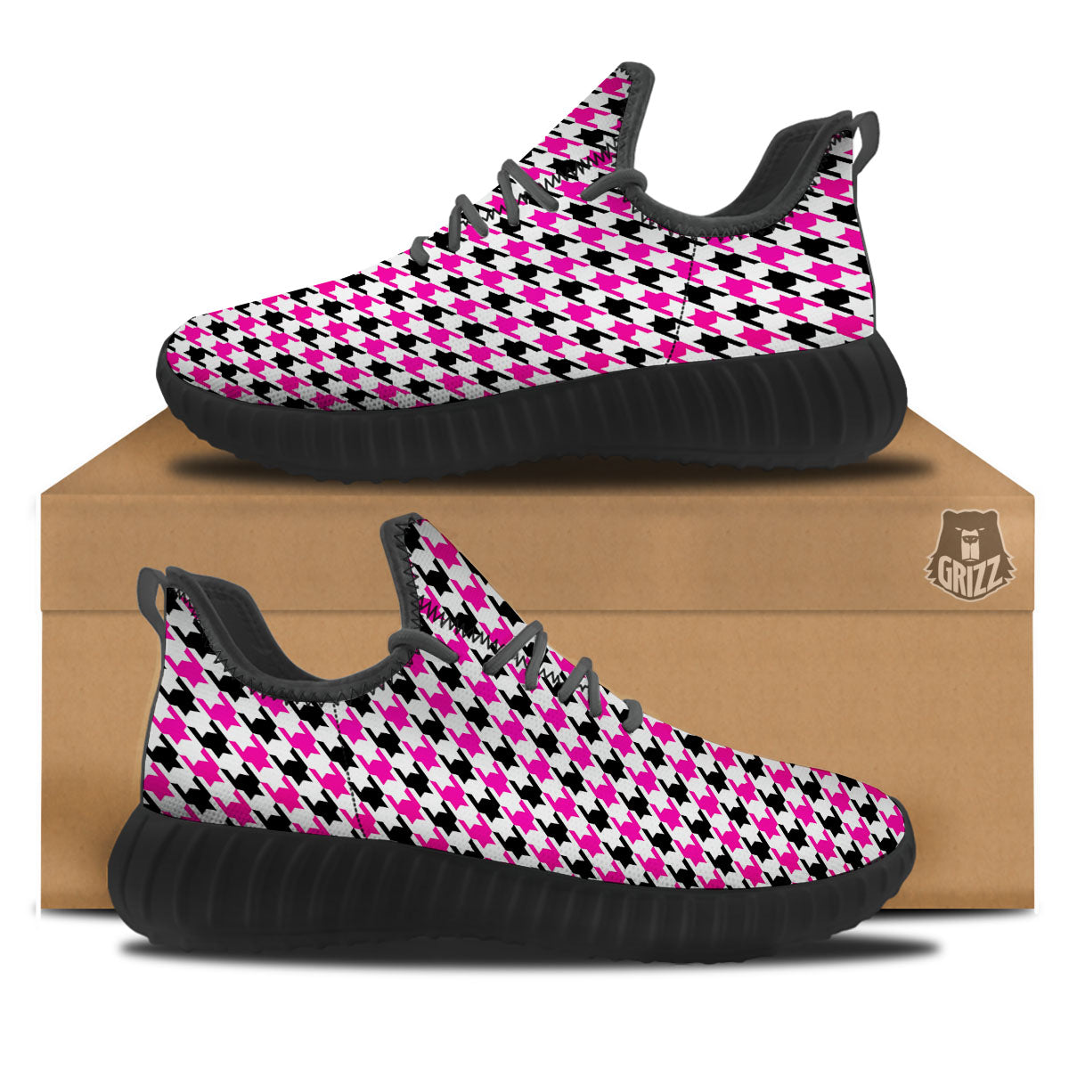 White Pink And Black Houndstooth Print Black Walking Shoes-grizzshop