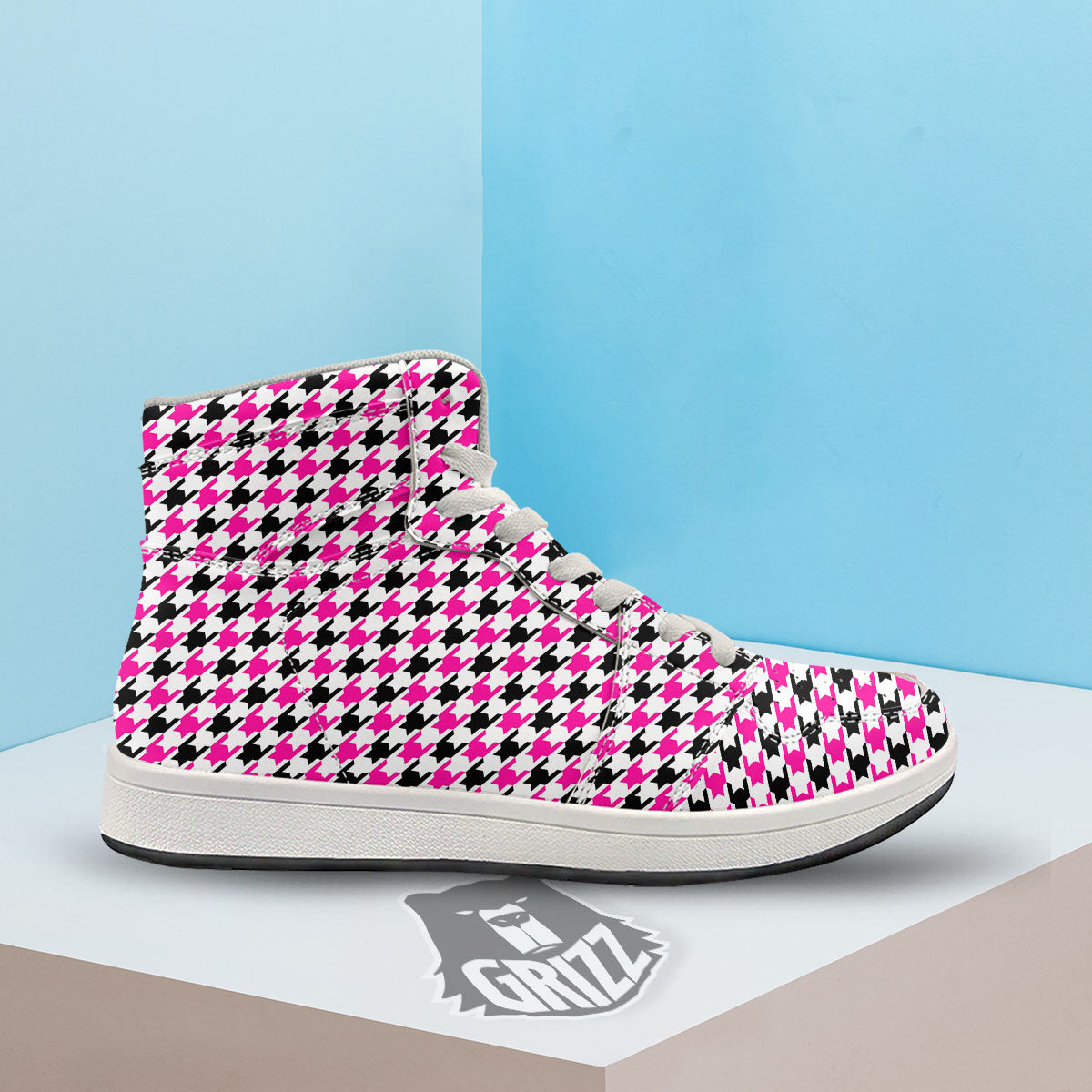 White Pink And Black Houndstooth Print High Top Sneakers-grizzshop