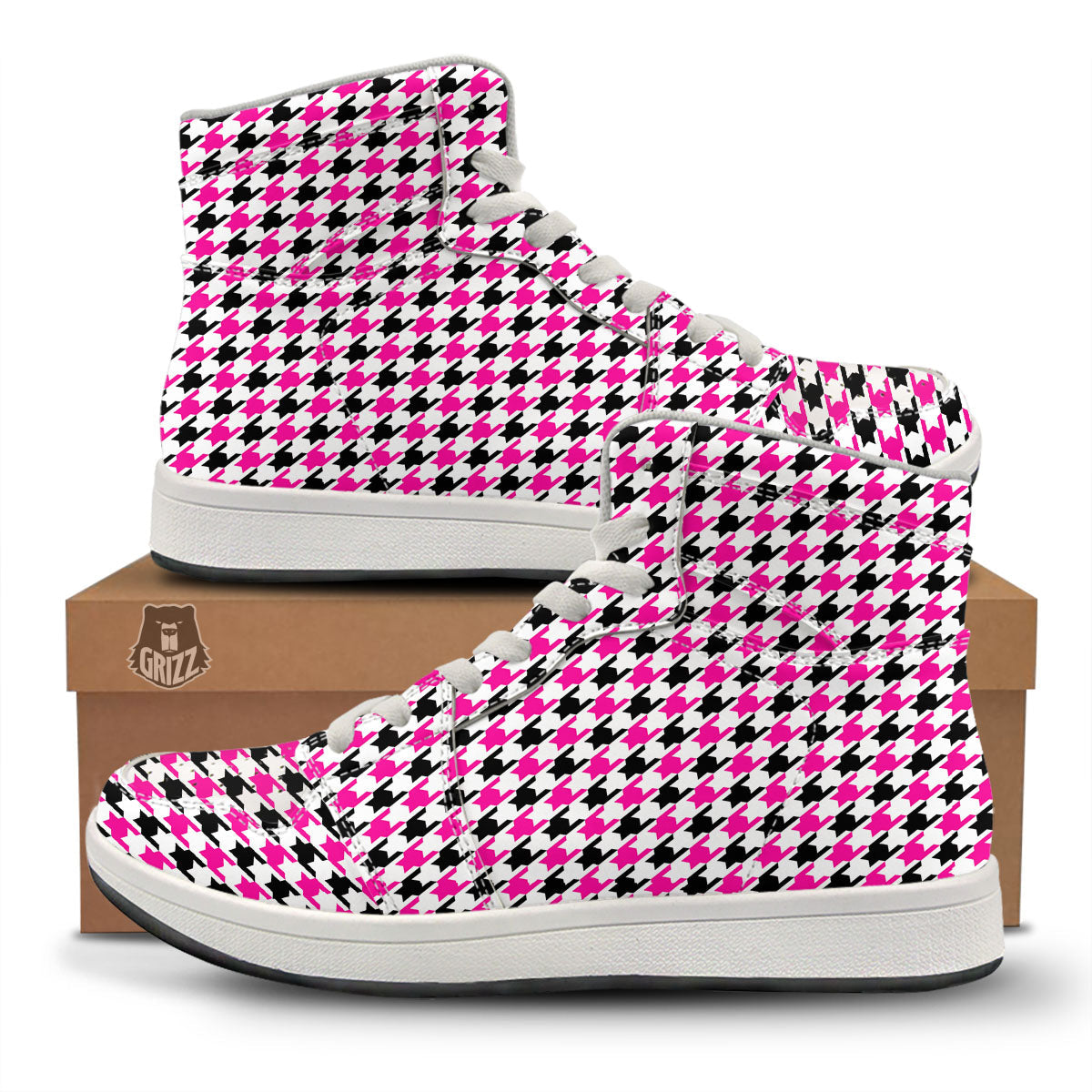 White Pink And Black Houndstooth Print High Top Sneakers-grizzshop