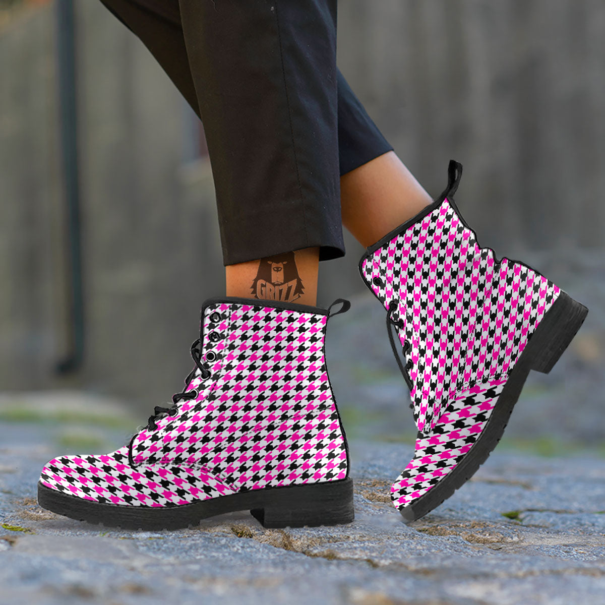 White Pink And Black Houndstooth Print Leather Boots-grizzshop