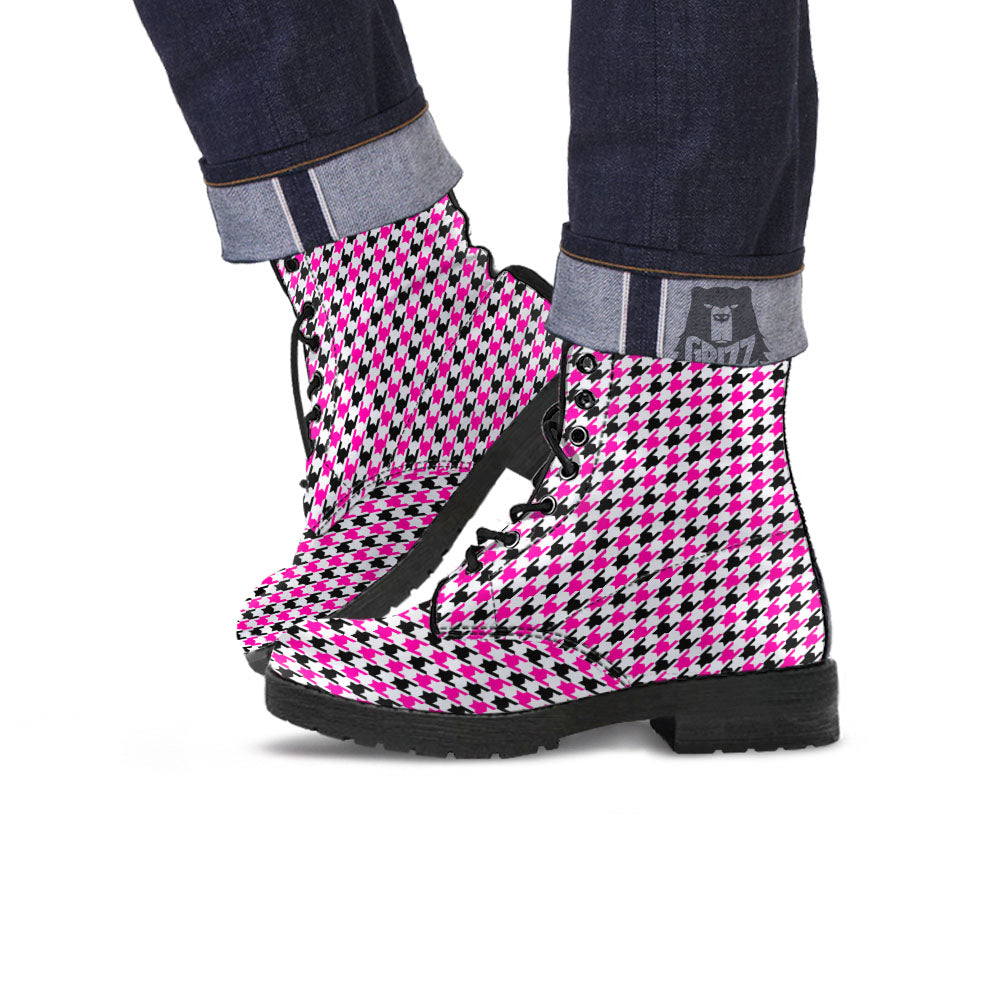 White Pink And Black Houndstooth Print Leather Boots-grizzshop