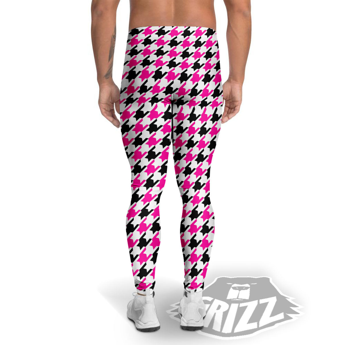 White Pink And Black Houndstooth Print Men's Leggings-grizzshop