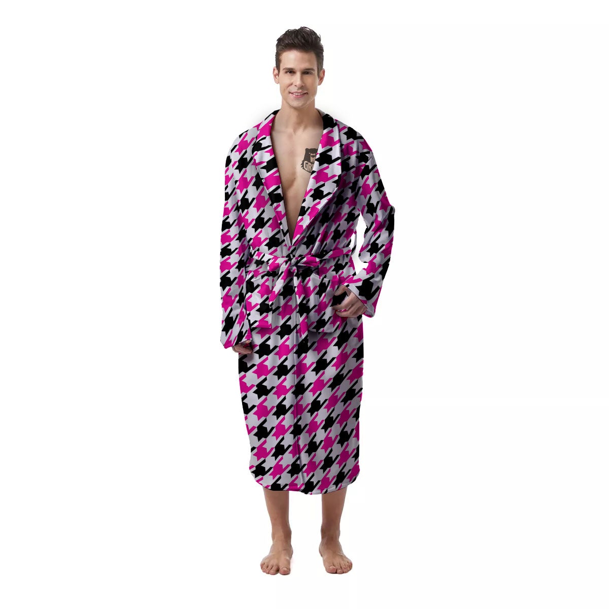 White Pink And Black Houndstooth Print Men's Robe-grizzshop