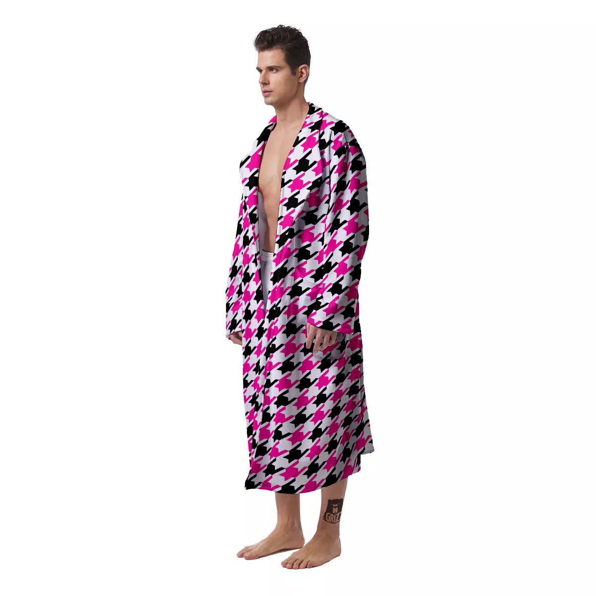 White Pink And Black Houndstooth Print Men's Robe-grizzshop