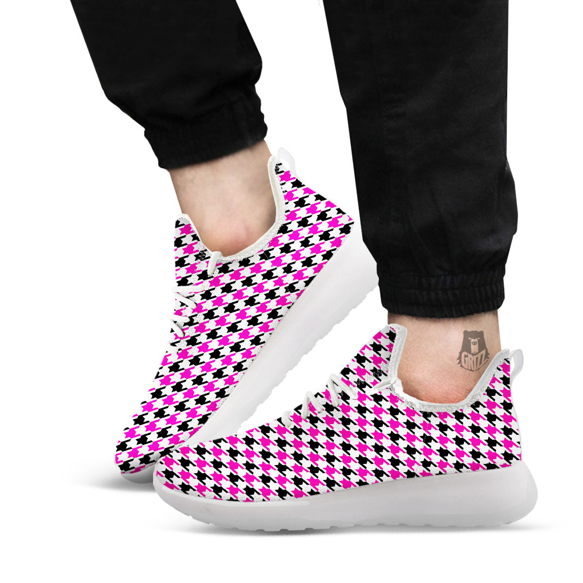 White Pink And Black Houndstooth Print White Athletic Shoes-grizzshop