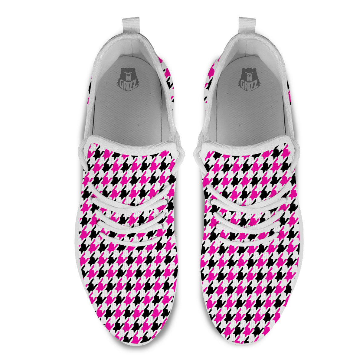 White Pink And Black Houndstooth Print White Athletic Shoes-grizzshop