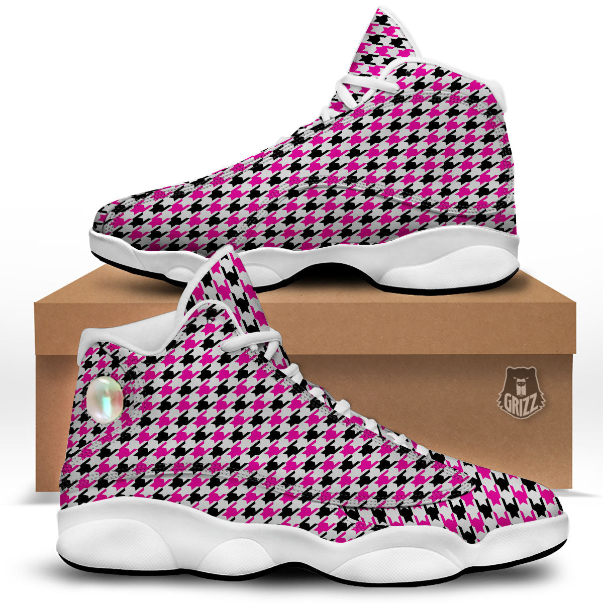 White Pink And Black Houndstooth Print White Basketball Shoes-grizzshop