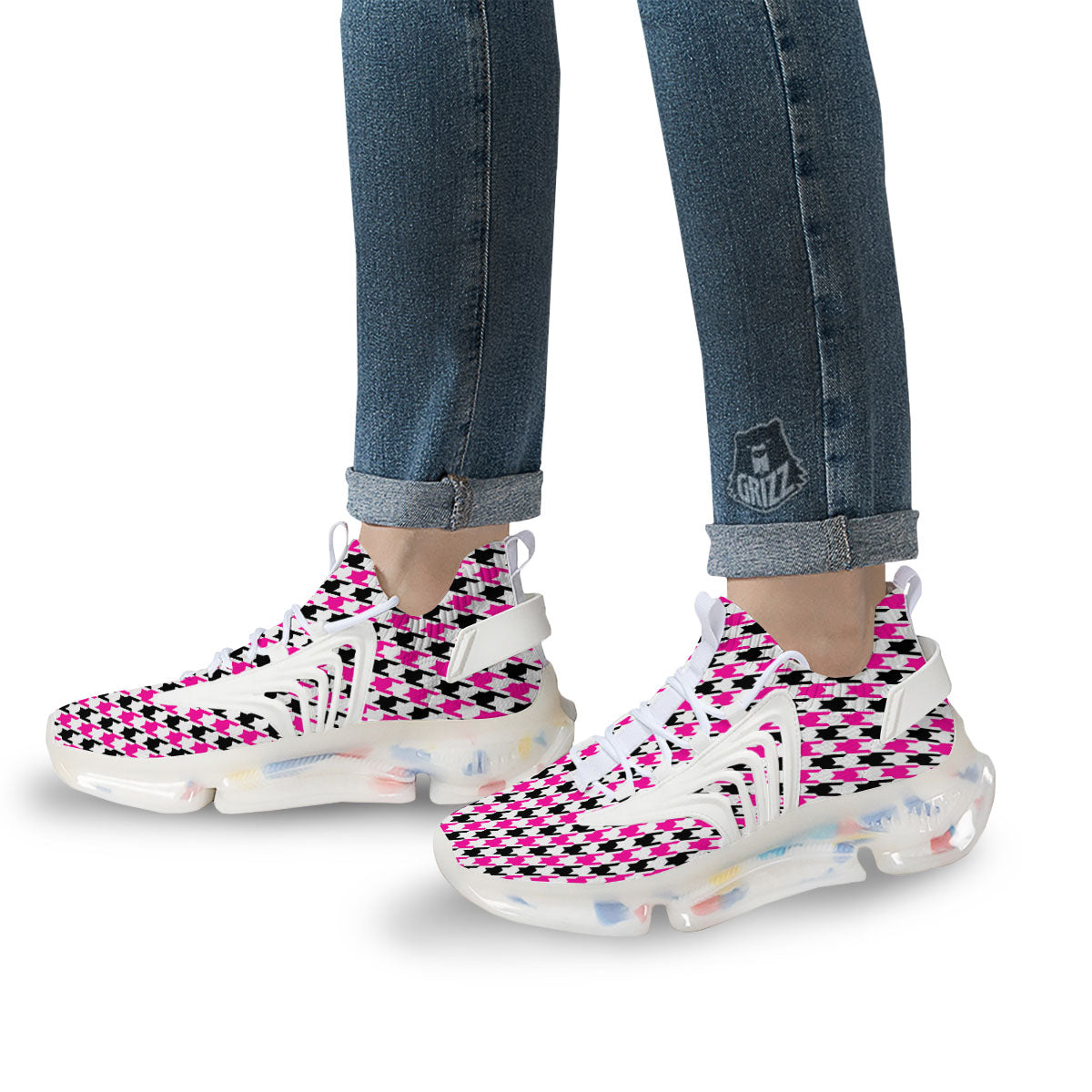 White Pink And Black Houndstooth Print White Gym Shoes-grizzshop