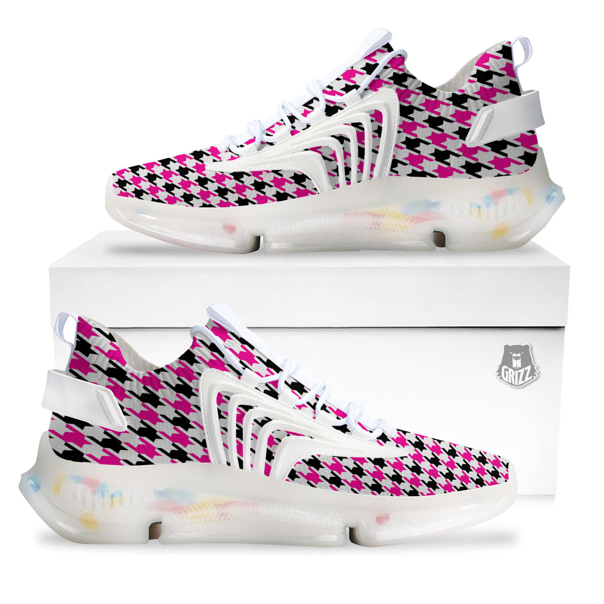 White Pink And Black Houndstooth Print White Gym Shoes-grizzshop